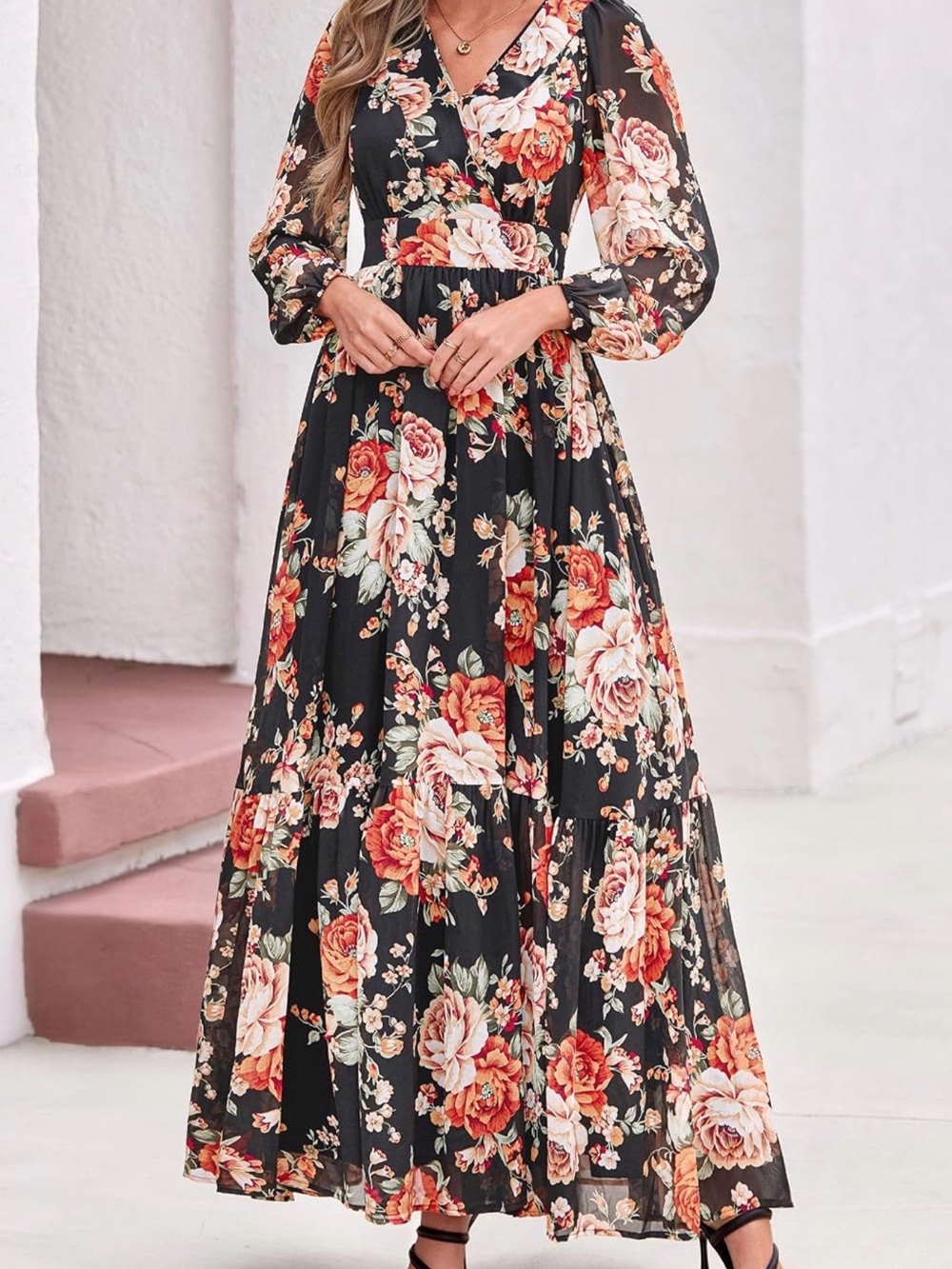 Black Floral V-Neck Long Sleeve Maxi Dress